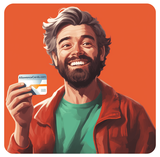 Illustration of a happy man holding an allowance card