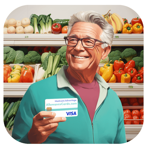 Illustration of a senior man in a grocery store holding an allowance card